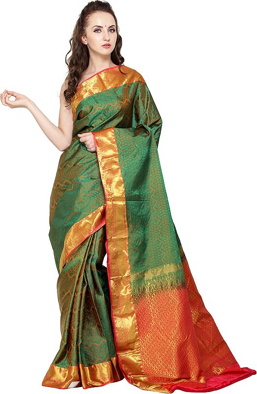 Vineyard-Green Traditional Brocaded Sari from Bangalore with Woven Bootis and Paiselys