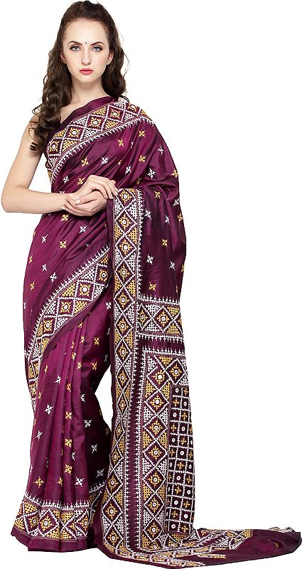 Plum-Purple Sari from Kolkata with Kantha Hand-Embroidered Motifs All-Over