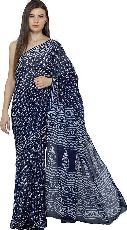 Twilight-Blue Mriganayani Sari from Madhya Pradesh with Bagdoo Block-Print