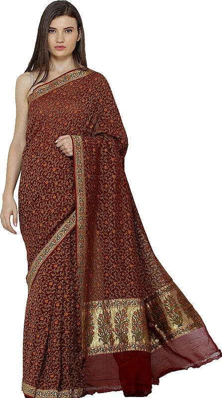 Mineral-Red Handloom Wedding Sari from Banaras with Zari-Woven Borer and Florals All-Over