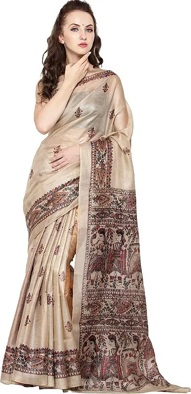 Warm-Sand Sari from Bihar with Madhubani Print