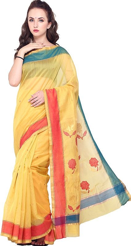 Aspen-Gold Chanderi Sari with Woven Bootis and Roses on Pallu