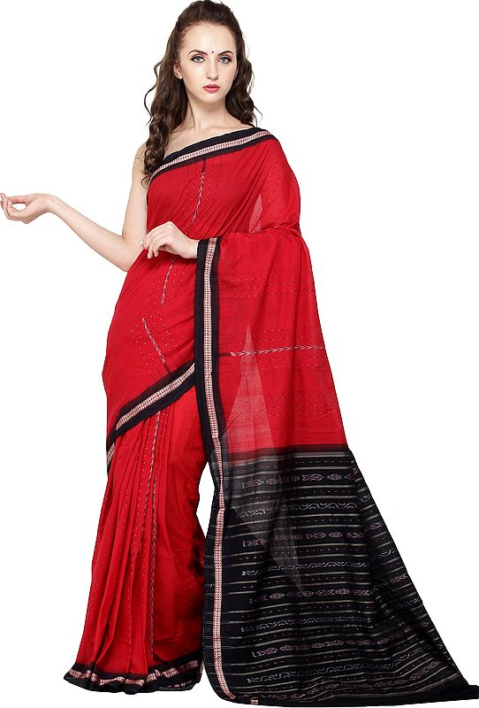 Scarlet-Red and Black Handloom Sari from Sambhalpur with Temple Border and Ikat Weave on Pallu