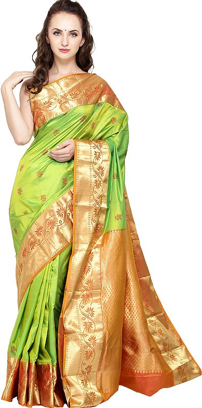 Lime-Green Traditional Brocaded Sari from Bangalore with Woven Flowers and Bootis