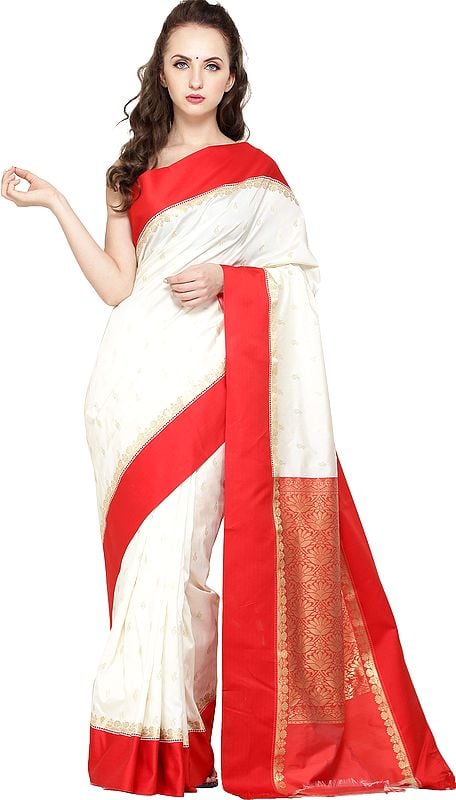 Pearl-White Jamdani Sari from Bangladesh with All-Over Woven Bootis and Brocaded Aanchal