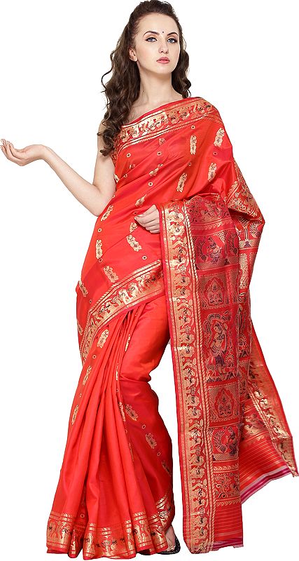 Poppy-Red Baluchari Sari from Bengal with Zari Woven Mythological Episodes and Dancing Apsaras on Aanchal