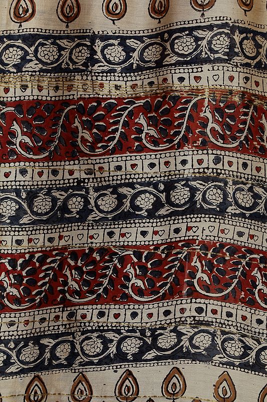 Warm-Sand Kalamkari Printed Sari from Andhra Pradesh with Florals All ...