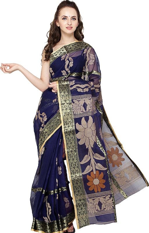 Twilight-Blue Purbasthali Sari from Bengal with Woven Flowers on Pallu