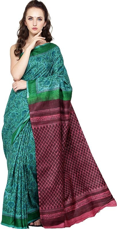 Marine-Green Block-Printed Sari from Madhya Pradesh with Florals All Over