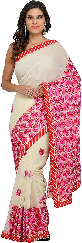 Cream Phulkari Sari from Punjab with Pink Hand-Embroidered Motifs and Patch Border