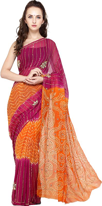 Pink and Orange Shaded Bandhani Tie-Dye Sari with Embroidered Sequins and Crystals
