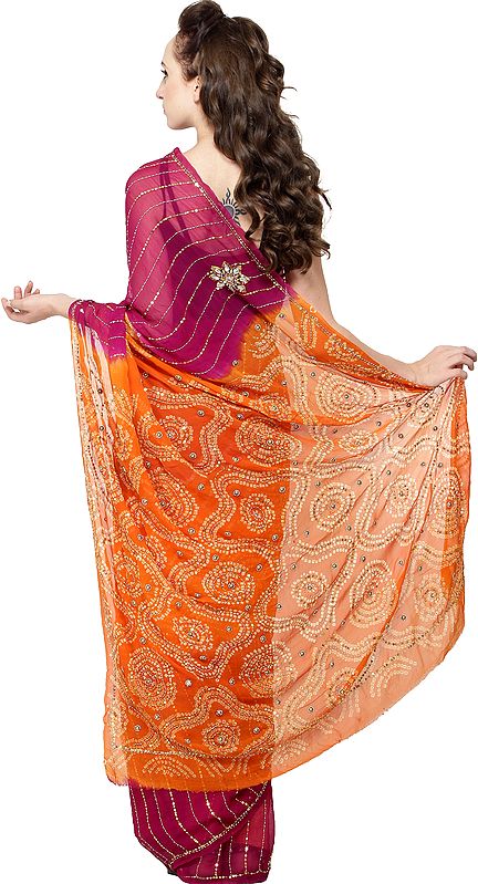 Pink And Orange Shaded Bandhani Tie Dye Sari With Embroidered Sequins