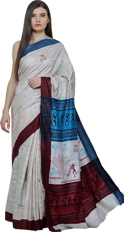 Pearled-Ivory Sari with Printed Figures Inspired by Warli Art