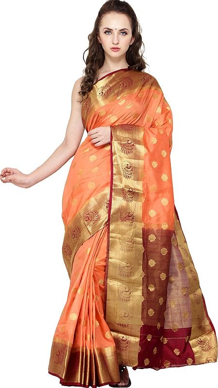 Camelia-Orange Traditional Brocaded Sari from Bangalore with Woven Bootis and Peacocks