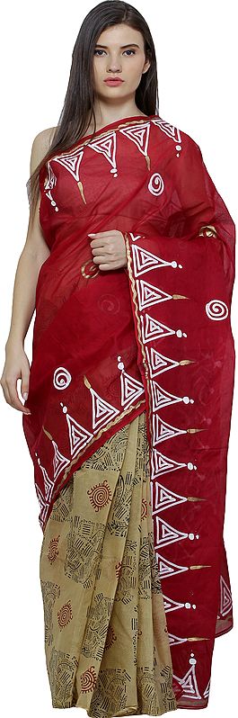 Flame Scarlet-Red and Beige Printed Batik Sari from Madhya Pradesh with Painted Border and Anchal