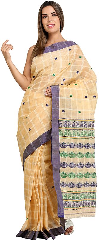 Banana-Grape Sari from Assam with Woven Bootis and Stripes