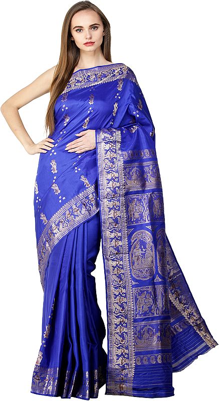 Dazzling-Blue Baluchari Sari from Bengal with Zari Woven Hindu Mythological Episodes