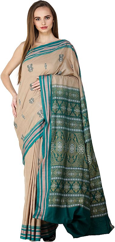 Cadmium-Green and Curry Bomkai Sari from Orissa   with Woven Bootis on Border and Pallu