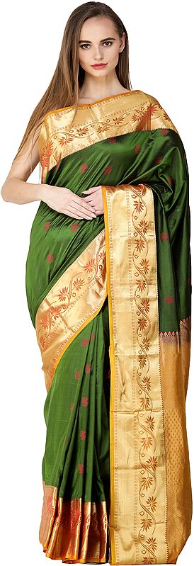 Vineyard-Green Traditional Brocaded Sari from Bangalore with Woven Flowers and Bootis