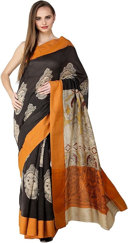 Pirate-Black Kalamkari Sari with Goddess Lakshmi Printed on Aanchal