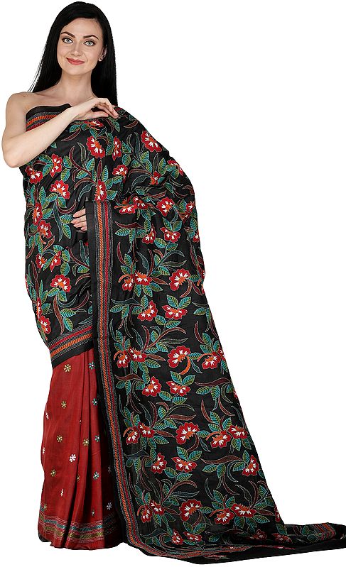Phantom-Black Sari from Kolkata with Kantha Hand-Embroidered Flowers All-Over