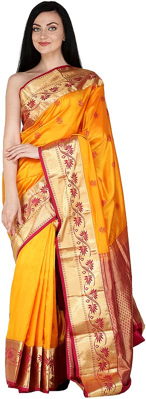 Dark-Cheddar Traditional Brocaded Sari from Bangalore with Woven Flowers and Bootis