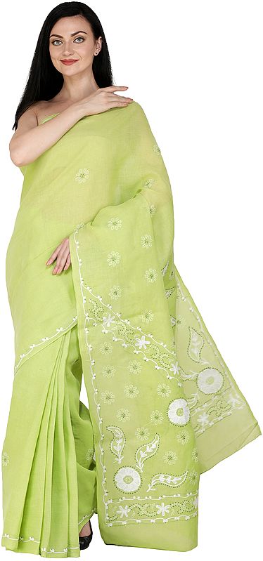 Bright-Lime Green Lukhnavi Chikan Sari with Hand-Embroidered White Flowers on Aanchal