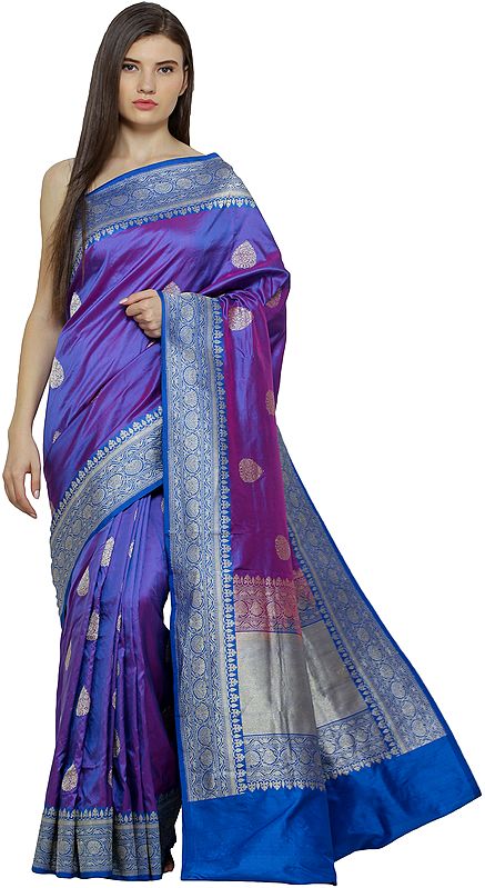 Purple-Opulence Handloom Sari from Banaras with Woven Bootis and Florals in Zari Thread