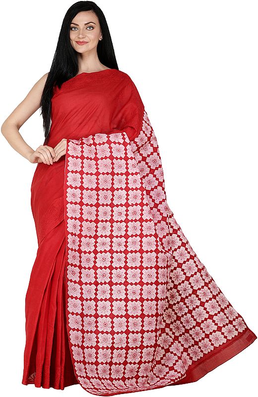 Bittersweet-Red Lukhnavi Chikan Sari with Hand-Embroidered Flowers and Applique Work