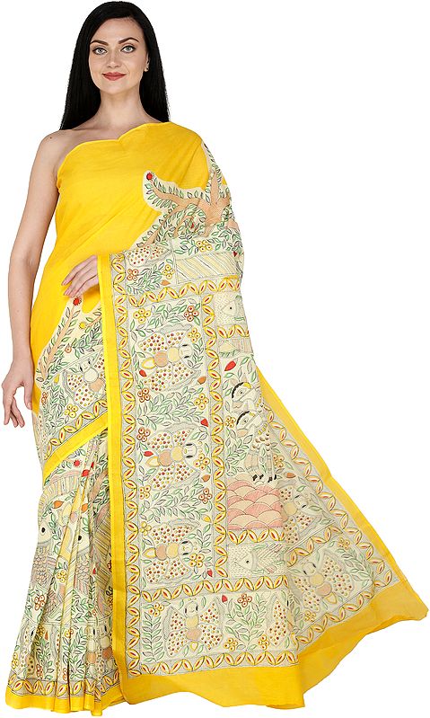 Lemon-Chrome Sari  with Printed Madhubani Folk Motifs All-Over