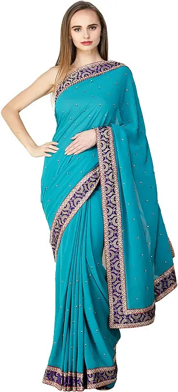 Lake-Blue Georgette Saree with Patch Border and Crystals All-Over