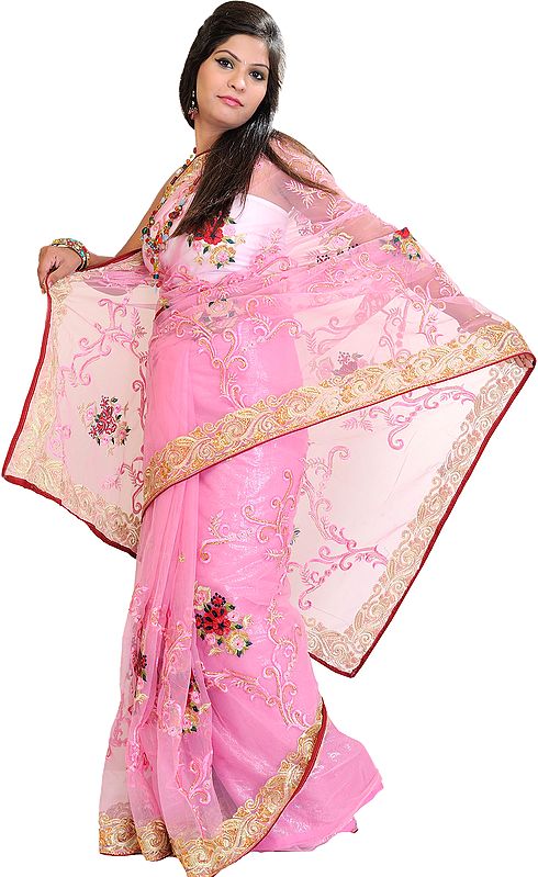 Prism-Pink Net Sari with All-Over Floral Aari Embroidery and Crystals