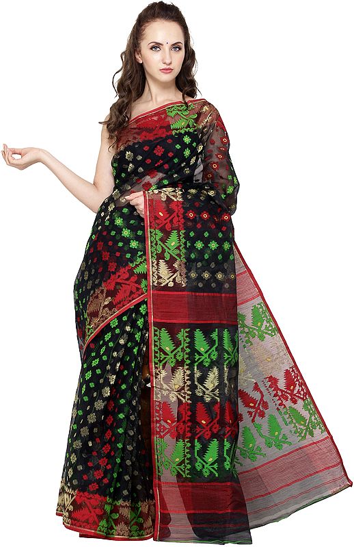 Phantom-Black Jamdani Sari from Bangladesh with Woven Bootis All-Over