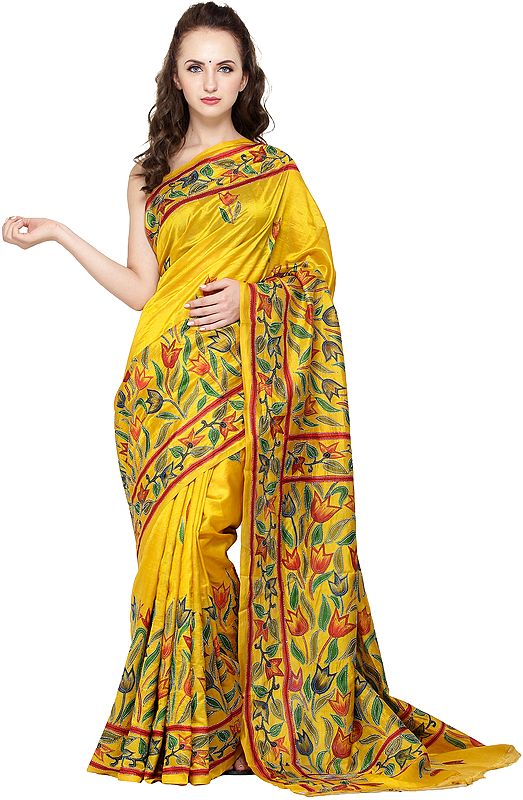 Golden-Rod Sari from Kolkata with Kantha Hand-Embroidered Flowers All-Over