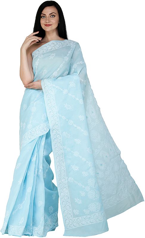 Norse-Blue Lukhnavi Chikan Sari with Hand-Embroidered White Flowers and Paisleys