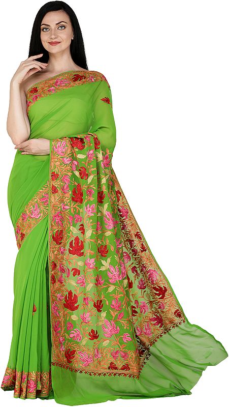 Classic-Green Sari from Kashmir with Aari Embroidered Chinar Leaves All-Over