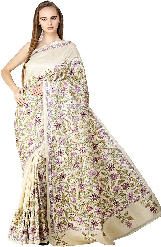 Double-Cream Sari from Kolkata with Kantha Hand-Embroidered Flowers