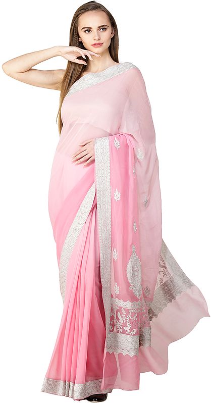 Sachet-Pink Sari from Kashmir with Silver Zari Thread Embroidered Paisleys