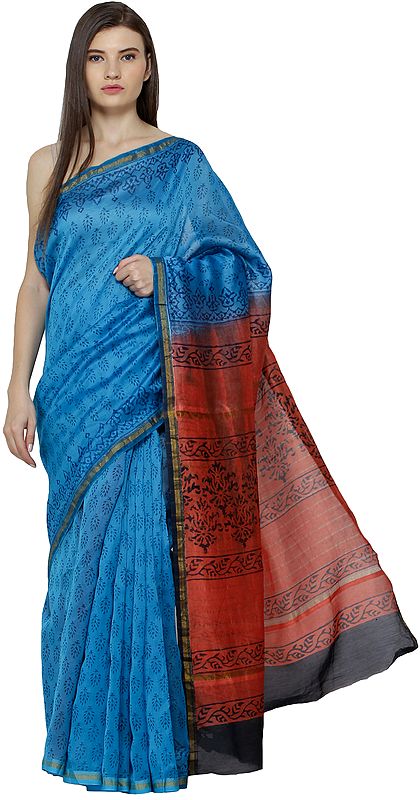 Blue-Jay Mriganayani Chanderi Sari from Madhya Pradesh with Kalamkari Block Print