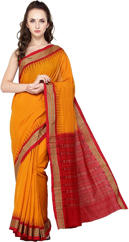 Apricot-Stuff Sambhalpuri Handloom Sari from Orissa with Ikat Weave on Pallu