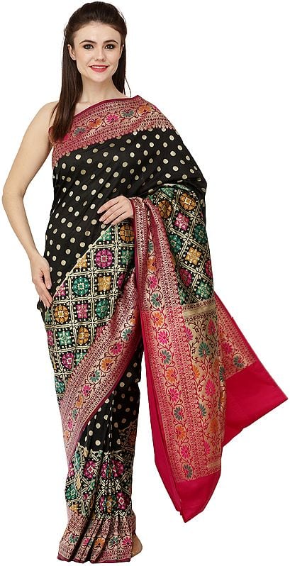 Traditional Brocaded Sari from Banaras with Woven Bootis and Floral Border