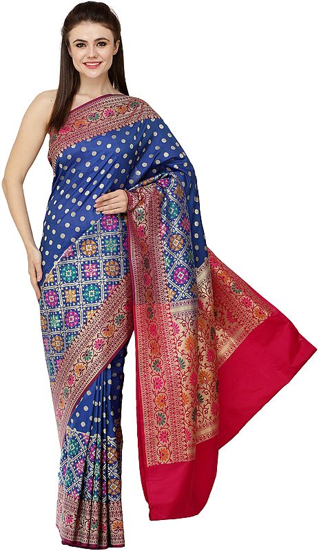Traditional Brocaded Sari from Banaras with Woven Bootis and Floral Border