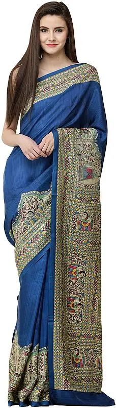 Nautical-Blue Madhubani Radha Krishna Sari