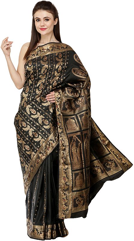 Caviar-Black Baluchari Sari from Bengal Showing the Story of Dushyant and Shakuntala and Love Gods Kamadeva and Rati