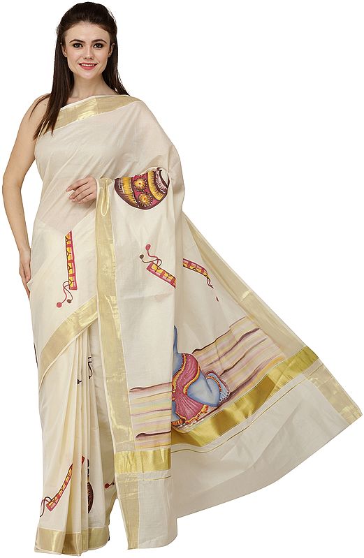 Off-White Kasavu Sari from Kerala with Zari-Woven Border and Butter-Thief Krishna (Baal Gopal)