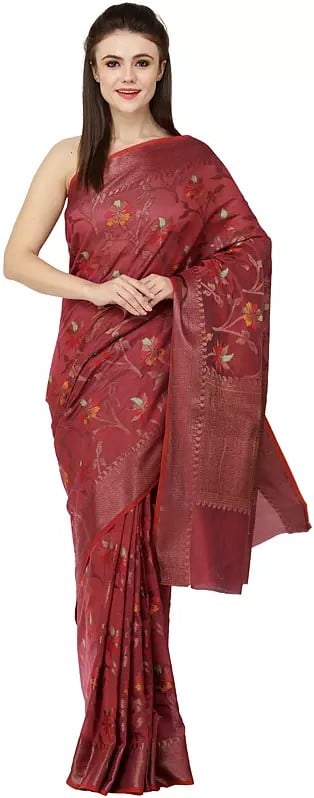 Kora-Cotton Sari from Banaras with Zari Thread Woven Bootis and Florals