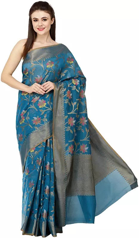 Kora-Cotton Sari from Banaras with Zari Thread Woven Bootis and Florals