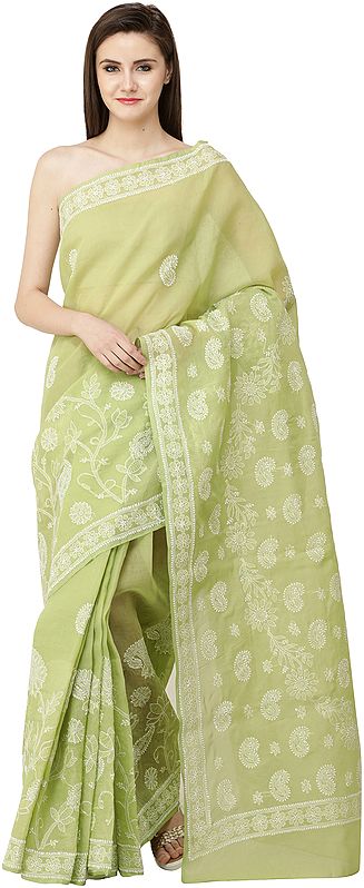 Lily-Green Lukhnavi Chikan Sari with Hand-Embroidered White Flowers and Paisleys
