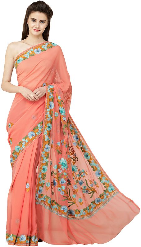 Peach-Amber Sari from Kashmir with Aari Embroidered Multicolor Flowers