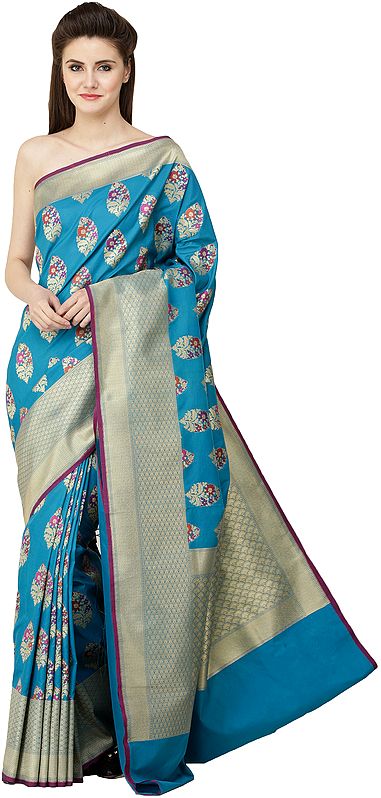 Brocaded Sari from Bangalore with Zari-Woven Florals and Bootis All-Over